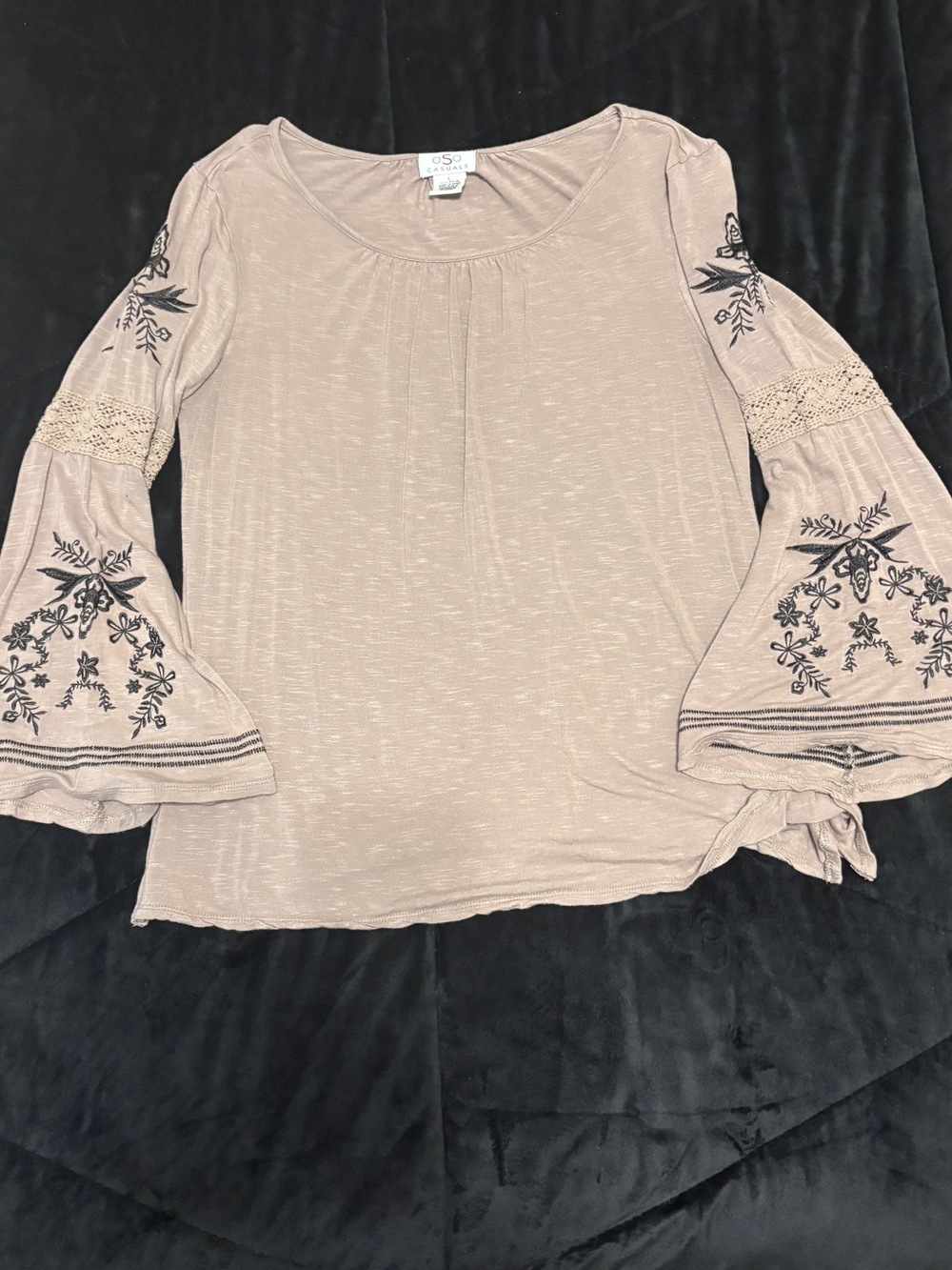 OSO Taupe Bell-Sleeve Embroidered Blouse